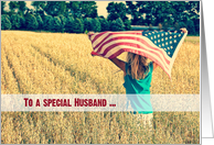 Military thank you to Husband-girl with American flag in a field card