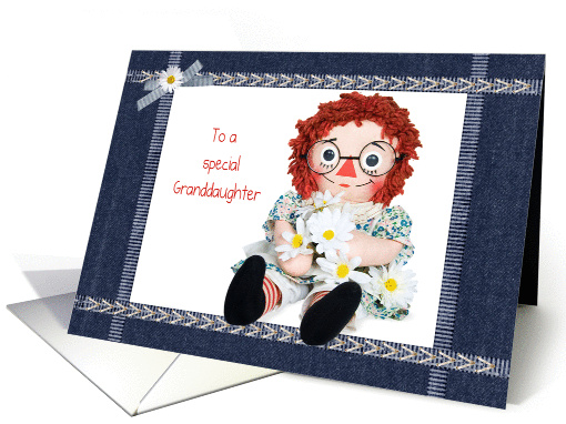 Granddaughter's Birthday-old rag doll with daisy bouquet card