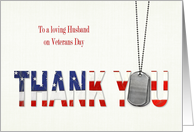 Husband’s Veterans Day military dog tags with flag thank you card