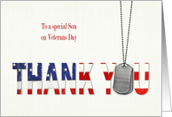 Son’s Veterans Day-military dog tags with flag thank you card