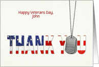 Veterans Day with customize name, dog tags with flag thank you card