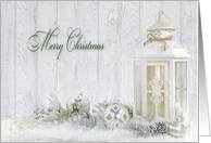 Merry Christmas-white lantern with Christmas ornaments in snow card