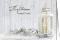 for teacher, white Christmas lantern with ornaments and pine cones card