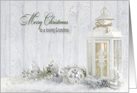 Grandma’s Christmas-lantern with holiday ornaments and pine cones card