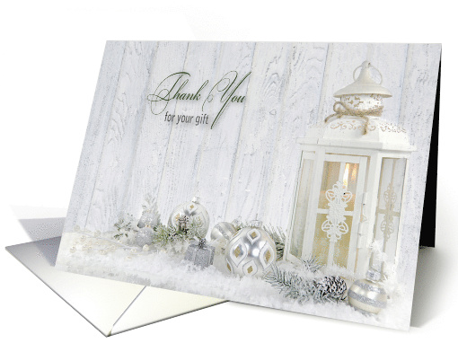 Lantern and Ornaments in Snow for Christmas Gift Thank You card