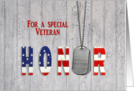 Veteran thank you military dog tags with flag font on wood card