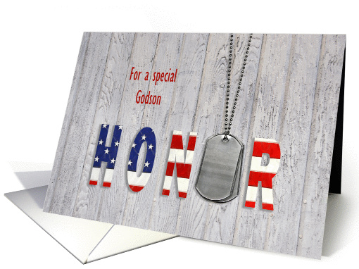 Godson thank you-military dog tags with flag font on wood card