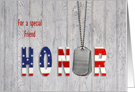 Friend thank you-military dog tags with flag font on wood card