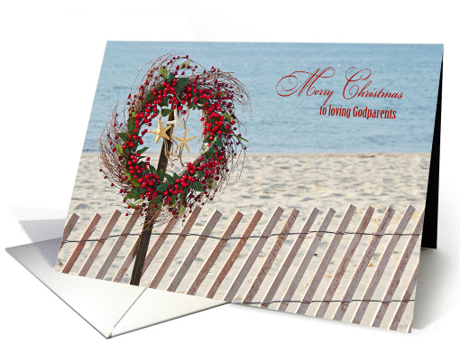 Godparents Christmas-berry wreath and starfish on beach fence card