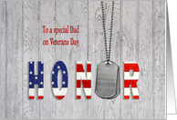 Dad on Veterans Day military dog tags with flag font on wood card