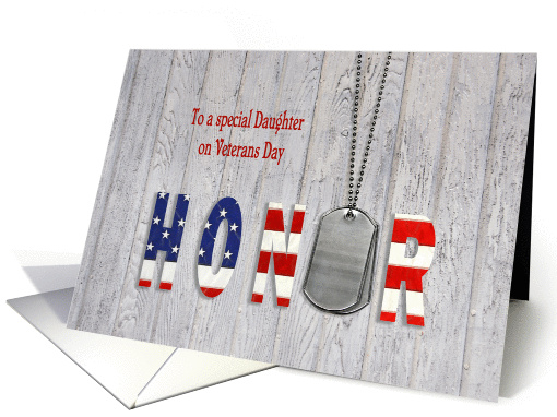 Daughter on Veterans Day-military dog tags with flag font on wood card