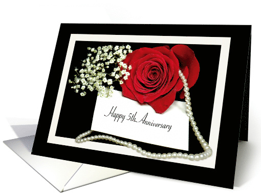 5th Anniversary red rose with a string of pearls on black card