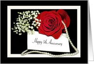 5th Anniversary red rose with a string of pearls on black card