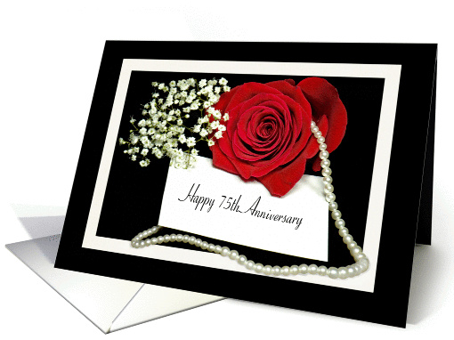 75th Anniversary - red rose with a string of pearls on black card