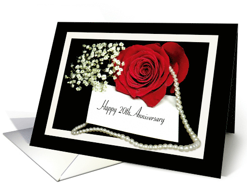 20th Anniversary red rose with a string of pearls on black card