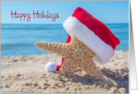 Happy Holidays Starfish With A Santa Hat In Beach Sand card