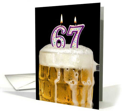 Polka Dot Candles for 67th Birthday in Beer Mug on Black card