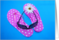 Happy Summer, sunglasses and daisy on polka dot flip-flops card