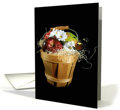 butterfly on apple basket with white daisy on black card (170308)