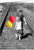 Friendship little girls on railroad tracks with balloons card