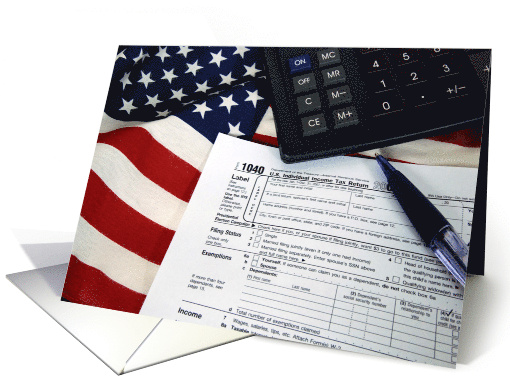 Tax Day 1040 Income Tax Form On American Flag With Calulator card