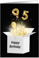 95th Birthday Gold Balloons and Stars Exploding Out of a White Box card