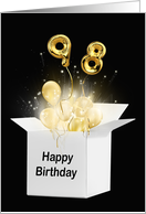 98th Birthday Gold Balloons and Stars Exploding Out of a White Box card