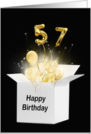 57th Birthday Gold Balloons and Stars Exploding Out of a White Box card