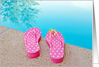 Happy Summer, polka dot flip flops with daisy at edge of a pool card