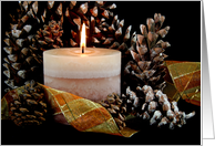 autumn candle with ribbon and pine cones card