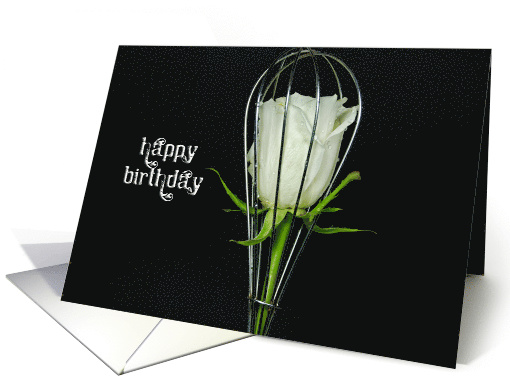 white rose in wire whisk isolated on black card (387580)