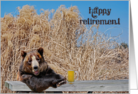 Retirement, bear with mug of beer on wood table card