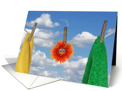 Friendship orange daisy with towels hanging on clothesline card