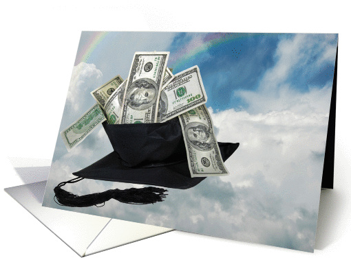 Graduation-money in graduation cap in clouds and rainbow card (418472)