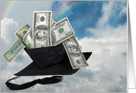 Graduation-money in graduation cap in clouds and rainbow card