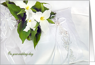 Wedding congratulations trillium bridal bouquet on satin pillow card