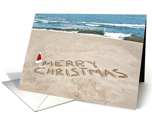 Merry Christmas In Beach Sand with a Santa hat card (477814)