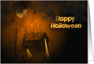 Halloween haunted house in the woods card
