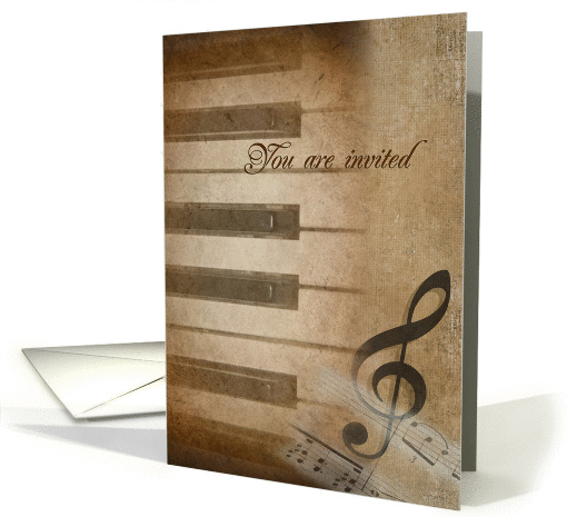 Piano recital invitation-piano keys and treble clef with texture card