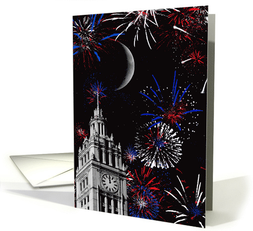 New Year's Eve, Chicago Clock Tower With Moon and Fireworks card