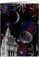 New Year’s Eve, Chicago Clock Tower With Moon and Fireworks card