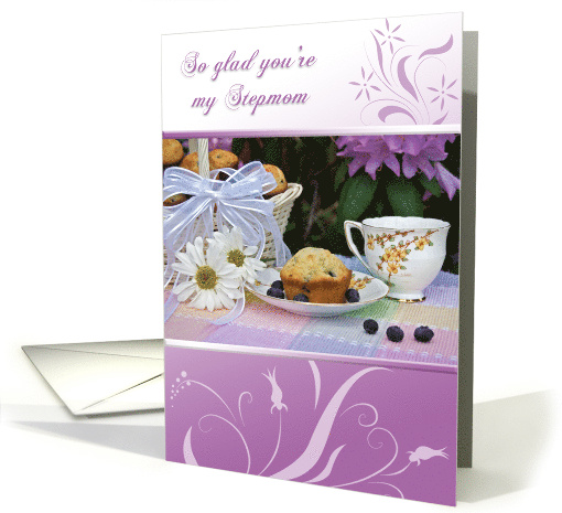 Step Mom Birthday vintage teacup with blueberry muffins and daisy card