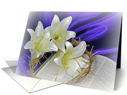Easter lilies with crown of thorns on open Holy Bible card (584551)