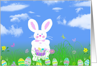 Easter-white bunny with eggs in grass card