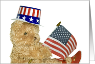 4th of July patriotic teddy bear with hat and flag on white card