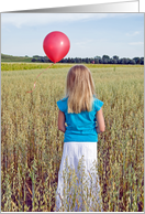 Goodbye girl with red balloon in wheat field card