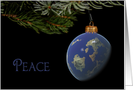 Christmas world globe ornament for peace hanging from pine bough card