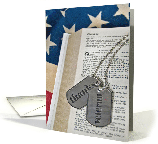 Veterans Day military Dog Tags On Bible and Flag card (704532)