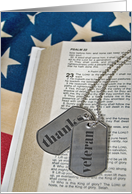Veterans Day military Dog Tags On Bible and Flag card