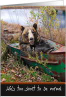 Birthday bear in rusty row boat by a rural pond card